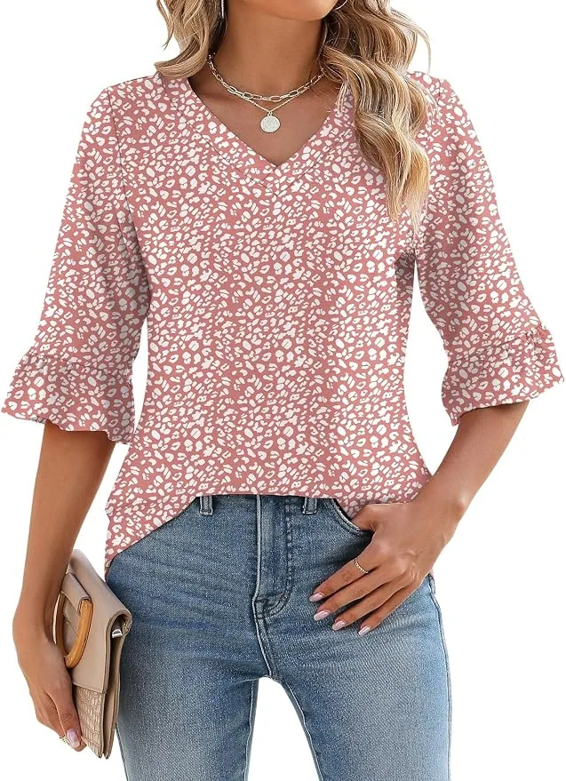 Lomon 3/4 Sleeve Ruffle V-Neck Blouse